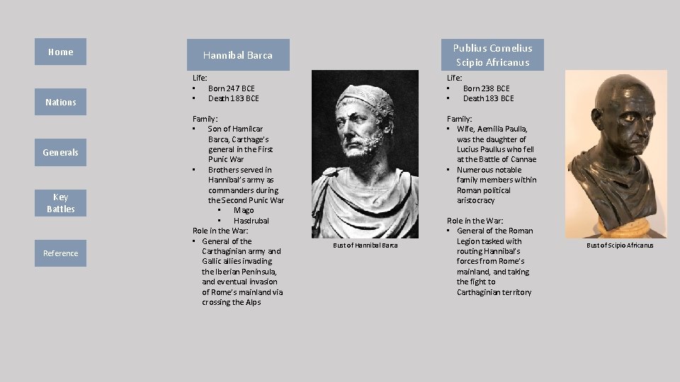 Home Nations Generals Key Battles Reference Publius Cornelius Scipio Africanus Hannibal Barca Life: • Home Nations Generals Key Battles Reference Publius Cornelius Scipio Africanus Hannibal Barca Life: •