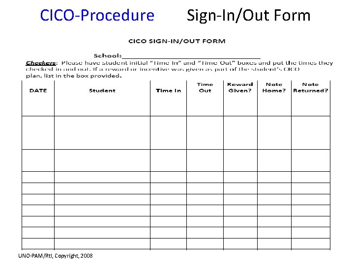 CICO-Procedure UNO-PAM/Rt. I, Copyright, 2008 Sign-In/Out Form 