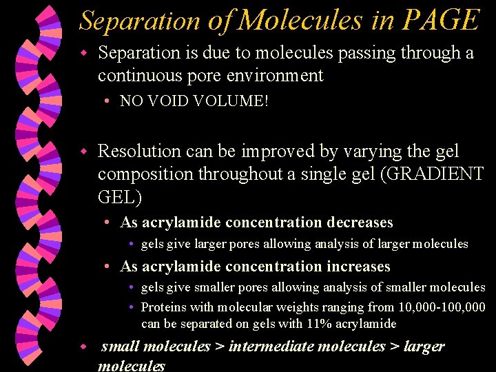 Separation of Molecules in PAGE w Separation is due to molecules passing through a