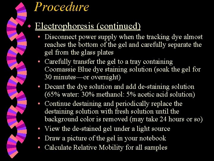 Procedure w Electrophoresis (continued) • Disconnect power supply when the tracking dye almost reaches