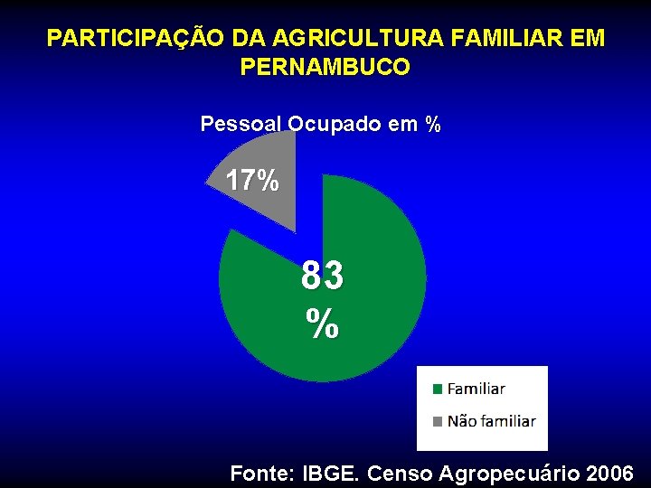 PARTICIPAÇÃO DA AGRICULTURA FAMILIAR EM PERNAMBUCO Pessoal Ocupado em % 17% 83 % Fonte: