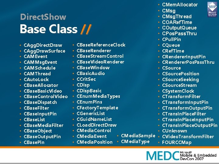 Direct. Show • • CBase. Reference. Clock • CBase. Renderer • CBase. Stream. Control