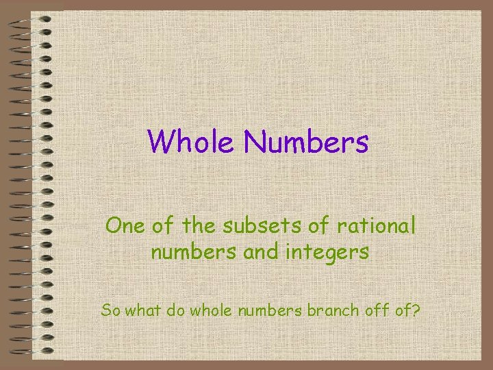 Whole Numbers One of the subsets of rational numbers and integers So what do