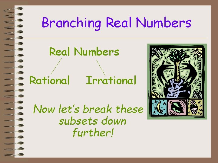 Branching Real Numbers Rational Irrational Now let’s break these subsets down further! 
