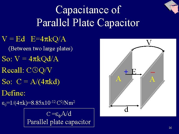 Capacitance of Parallel Plate Capacitor V = Ed E=4 k. Q/A V (Between two