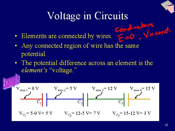 Voltage in Circuits • Elements are connected by wires. • Any connected region of