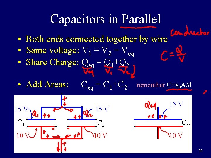 Capacitors in Parallel • Both ends connected together by wire • Same voltage: V