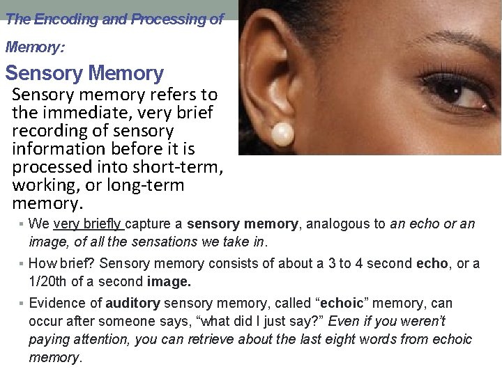 The Encoding and Processing of Memory: Sensory Memory Sensory memory refers to the immediate,