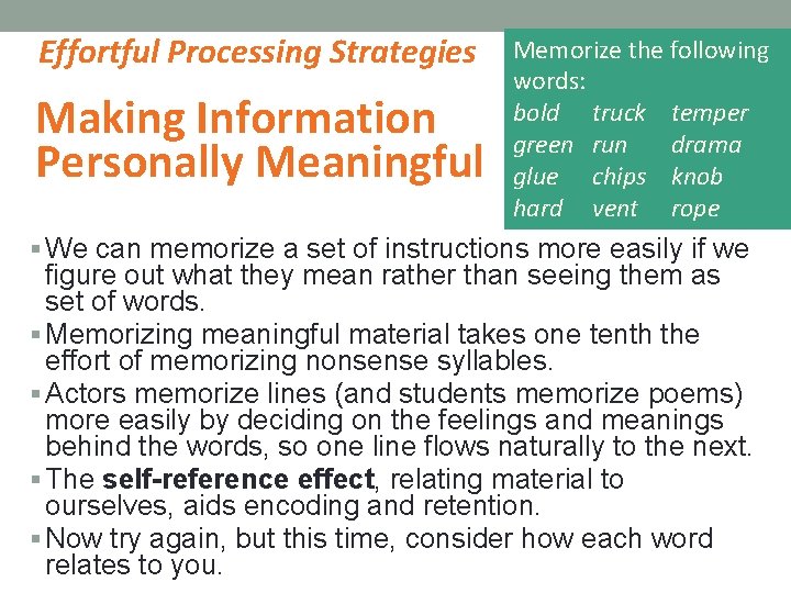 Effortful Processing Strategies Making Information Personally Meaningful Memorize the following words: bold truck temper Effortful Processing Strategies Making Information Personally Meaningful Memorize the following words: bold truck temper