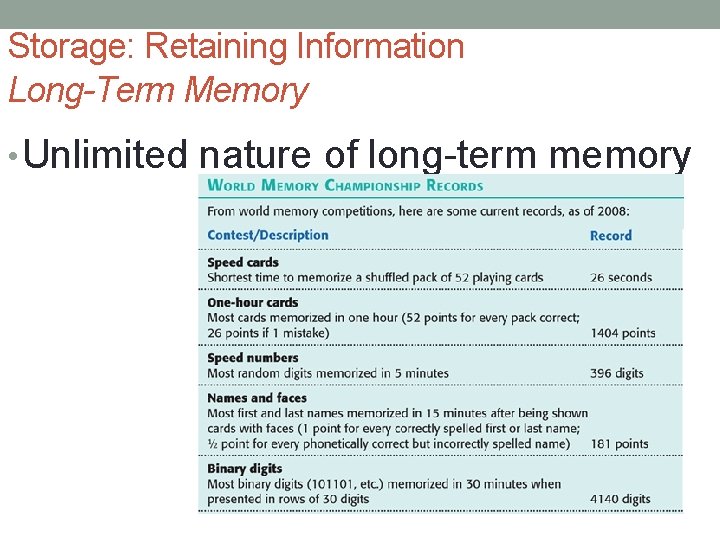 Storage: Retaining Information Long-Term Memory • Unlimited nature of long-term memory Storage: Retaining Information Long-Term Memory • Unlimited nature of long-term memory