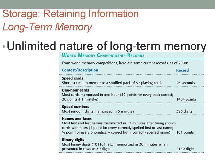 Storage: Retaining Information Long-Term Memory • Unlimited nature of long-term memory 