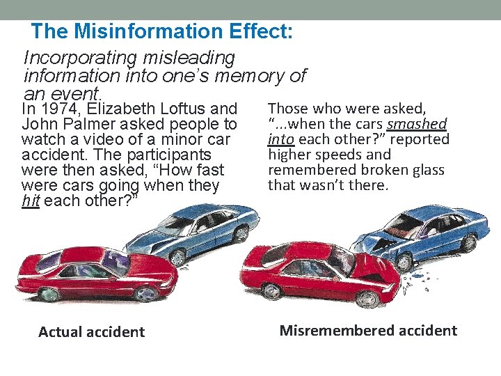 The Misinformation Effect: Incorporating misleading information into one’s memory of an event. In 1974,