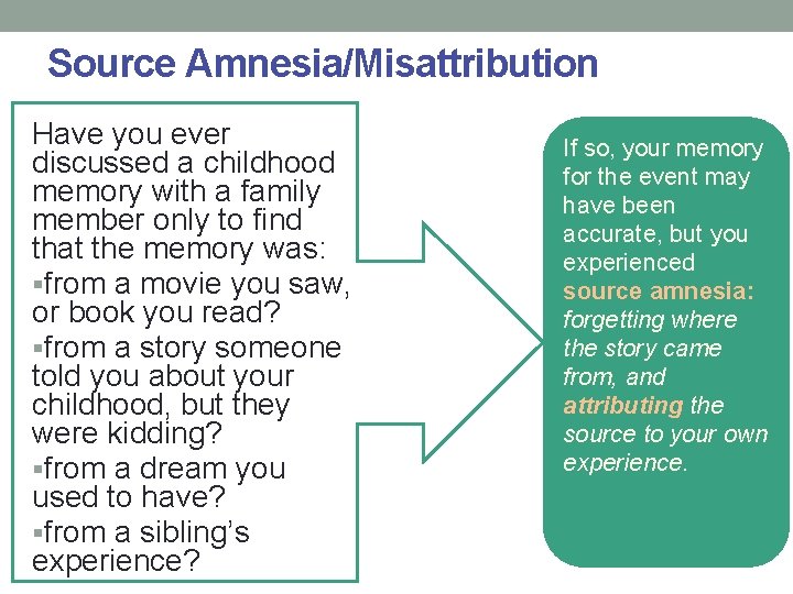 Source Amnesia/Misattribution Have you ever discussed a childhood memory with a family member only Source Amnesia/Misattribution Have you ever discussed a childhood memory with a family member only