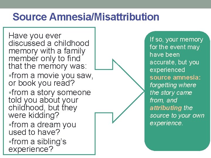 Source Amnesia/Misattribution Have you ever discussed a childhood memory with a family member only