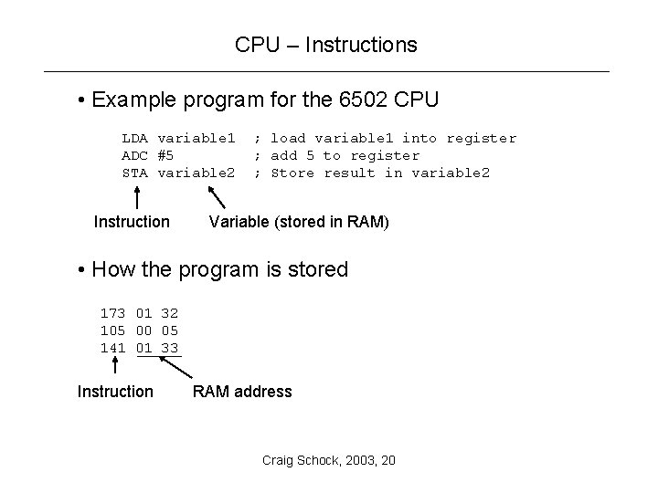 CPU – Instructions • Example program for the 6502 CPU LDA variable 1 ADC
