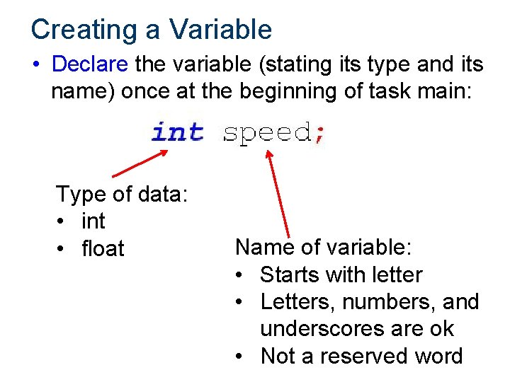 Creating a Variable • Declare the variable (stating its type and its name) once