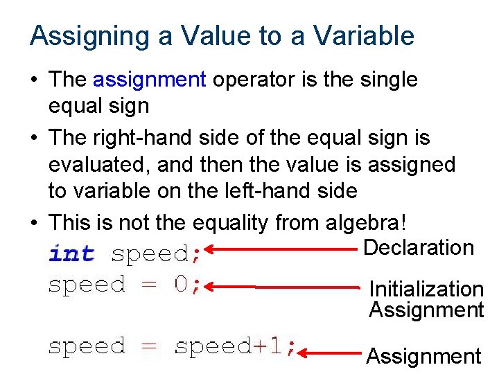 Assigning a Value to a Variable • The assignment operator is the single equal