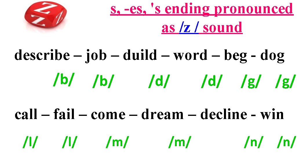 s, -es, 's ending pronounced as /z / sound describe – job – duild