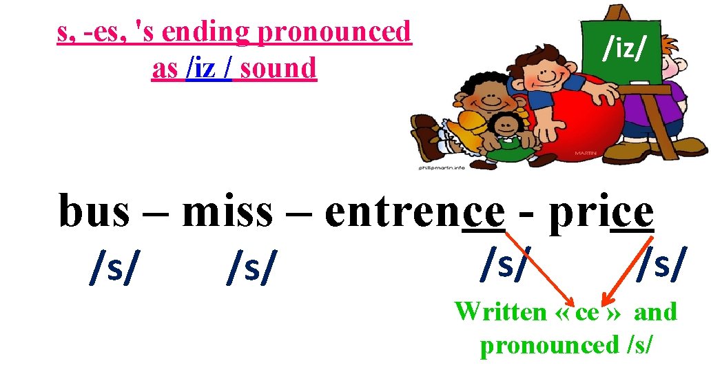s, -es, 's ending pronounced as /iz / sound /iz/ bus – miss –