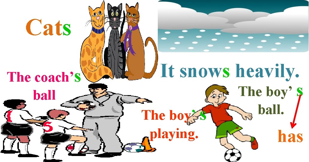 Cats The coach’s ball It snows heavily. The boy’ s playing. The boy’ s
