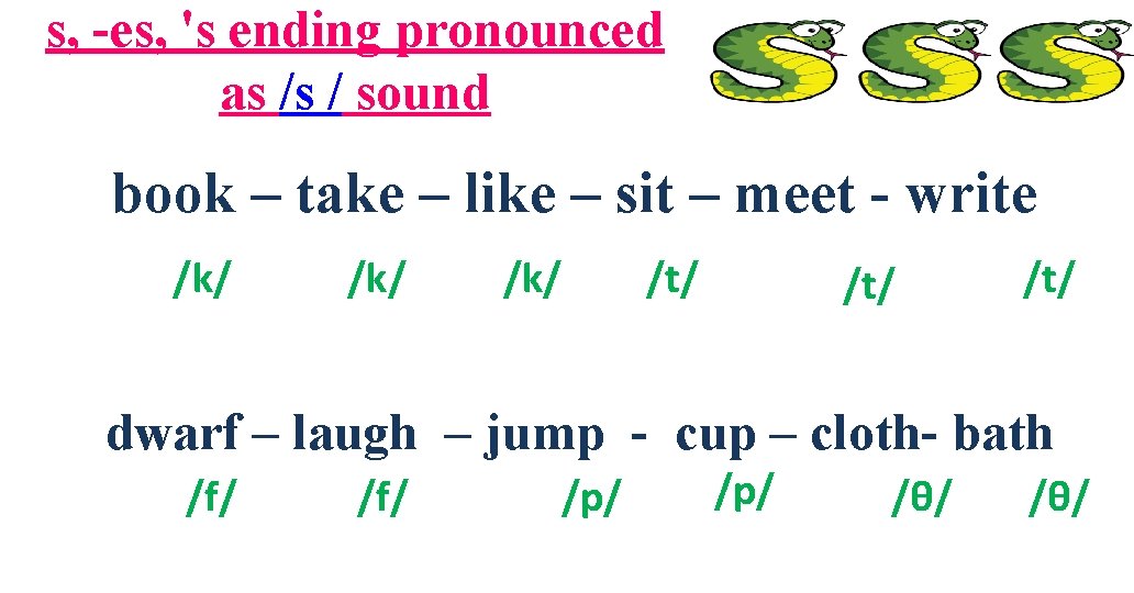 s, -es, 's ending pronounced as /s / sound book – take – like