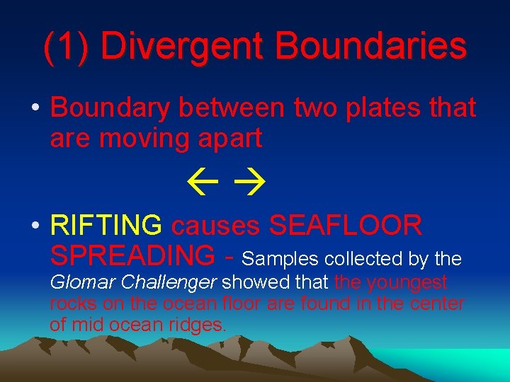 (1) Divergent Boundaries • Boundary between two plates that are moving apart • RIFTING