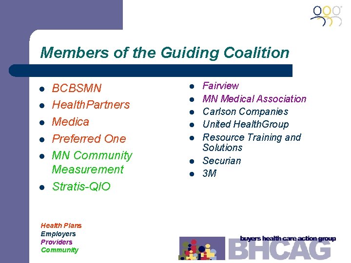 Members of the Guiding Coalition l l l BCBSMN Health. Partners Medica Preferred One