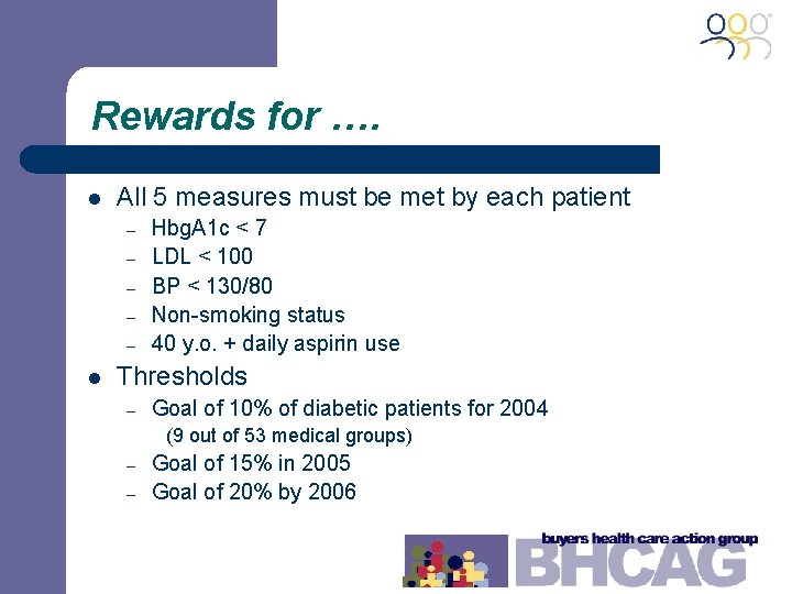 Rewards for …. l All 5 measures must be met by each patient –