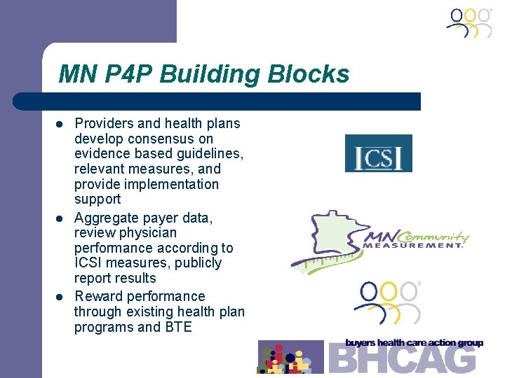 MN P 4 P Building Blocks l l l Providers and health plans develop
