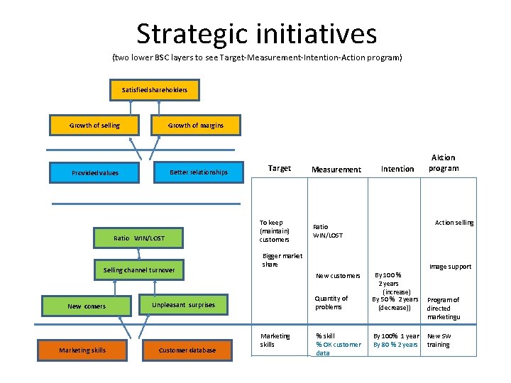 Strategic initiatives (two lower BSC layers to see Target-Measurement-Intention-Action program) Satisfied shareholders Growth of