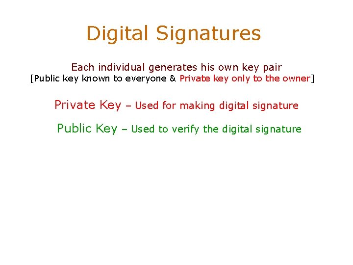 Digital Signatures Each individual generates his own key pair [Public key known to everyone
