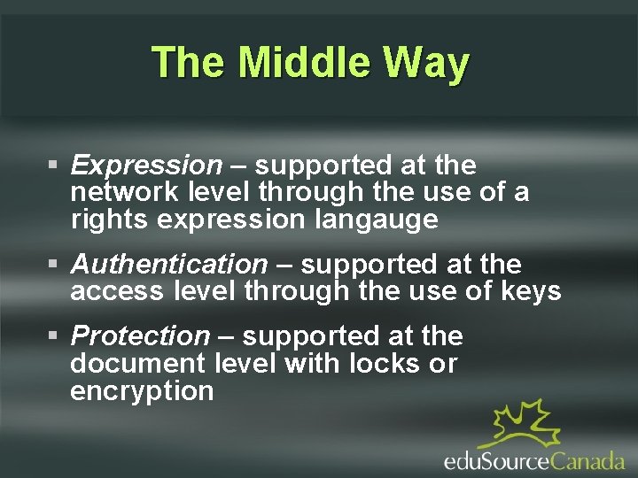 The Middle Way Expression – supported at the network level through the use of