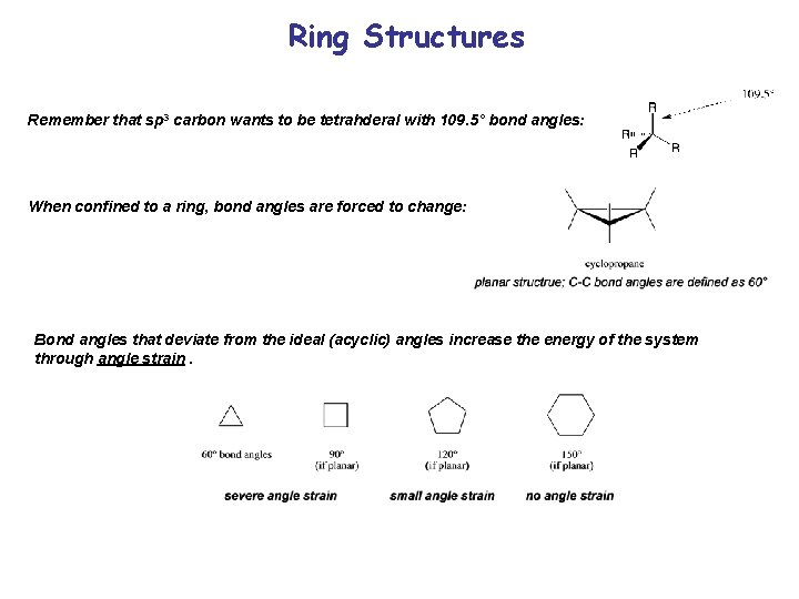 Ring Structures Remember that sp 3 carbon wants to be tetrahderal with 109. 5°