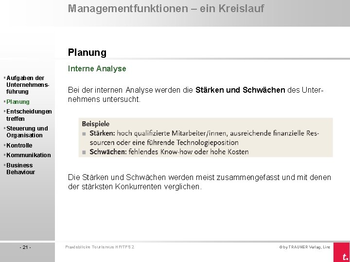 Managementfunktionen – ein Kreislauf Planung Interne Analyse § Aufgaben der Unternehmensführung § Planung Bei