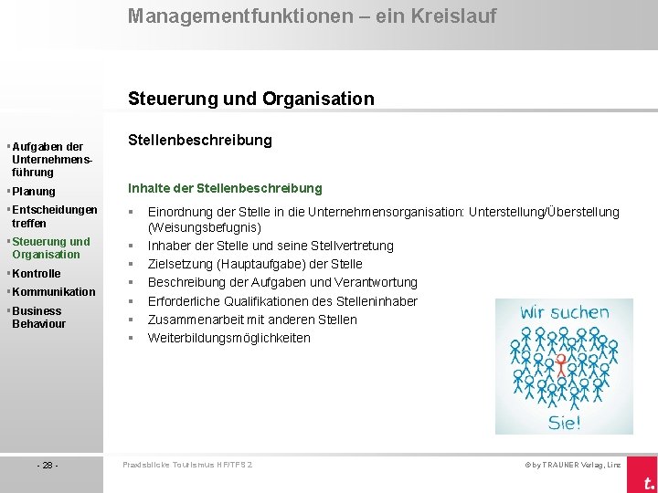 Managementfunktionen – ein Kreislauf Steuerung und Organisation § Aufgaben der Unternehmensführung Stellenbeschreibung § Planung