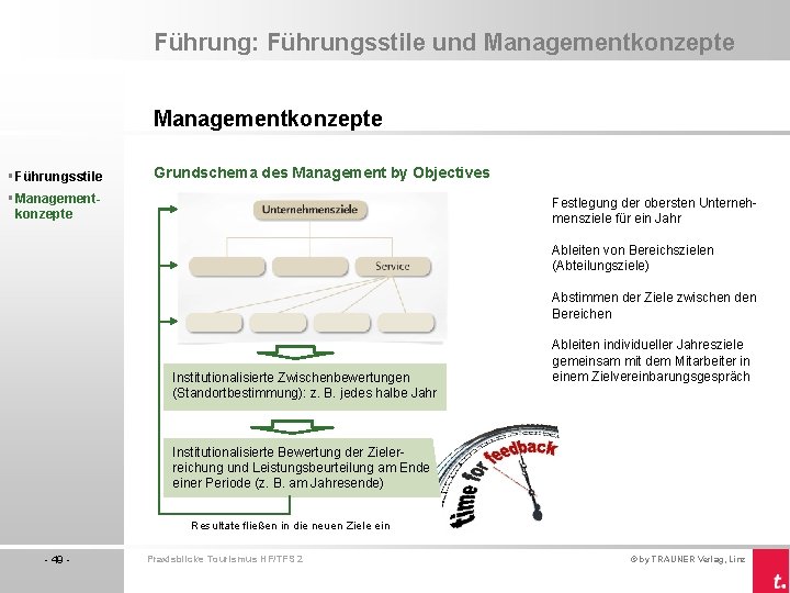 Führung: Führungsstile und Managementkonzepte § Führungsstile Grundschema des Management by Objectives § Managementkonzepte Festlegung