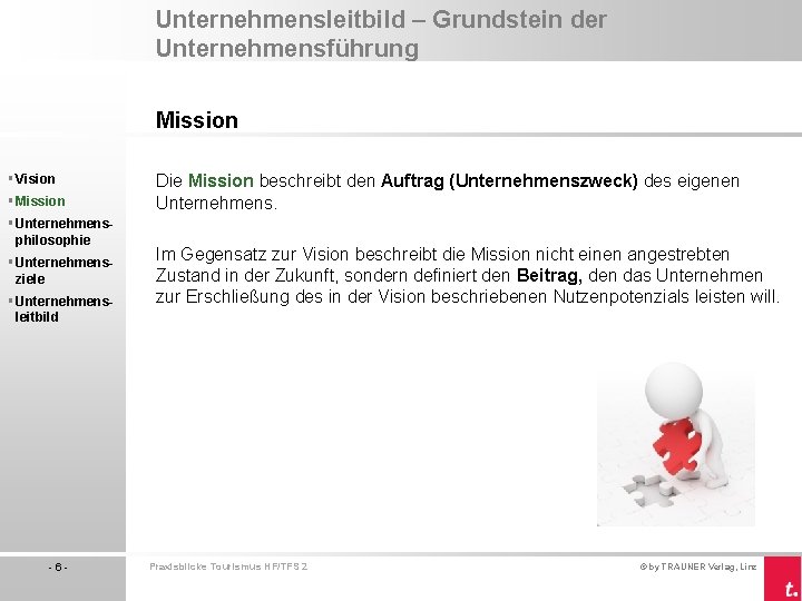 Unternehmensleitbild – Grundstein der Unternehmensführung Mission § Vision § Mission § Unternehmensphilosophie § Unternehmensziele