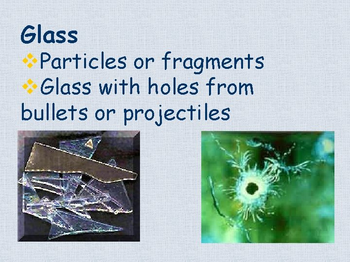 Glass v. Particles or fragments v. Glass with holes from bullets or projectiles 