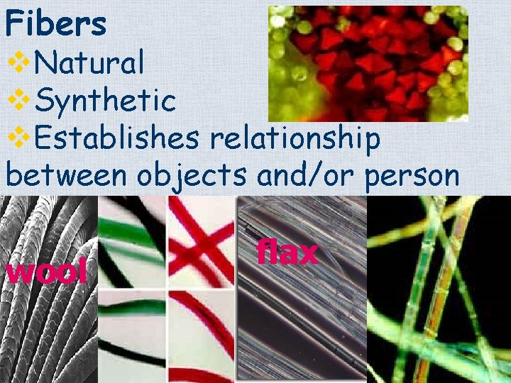 Fibers v. Natural v. Synthetic v. Establishes relationship between objects and/or person wool flax