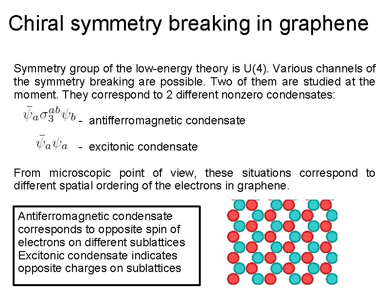 Chiral symmetry breaking in graphene Symmetry group of the low-energy theory is U(4). Various