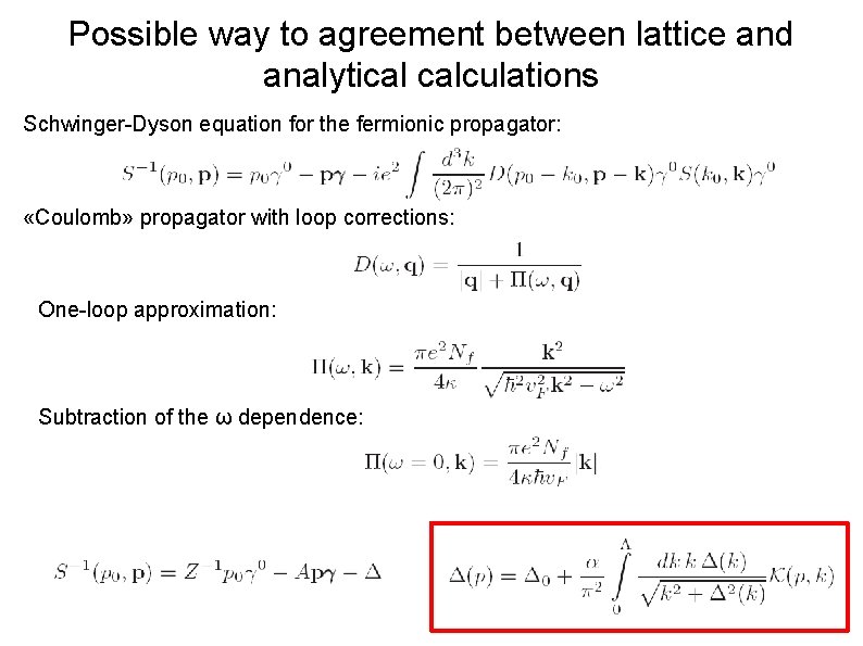 Possible way to agreement between lattice and analytical calculations Schwinger-Dyson equation for the fermionic