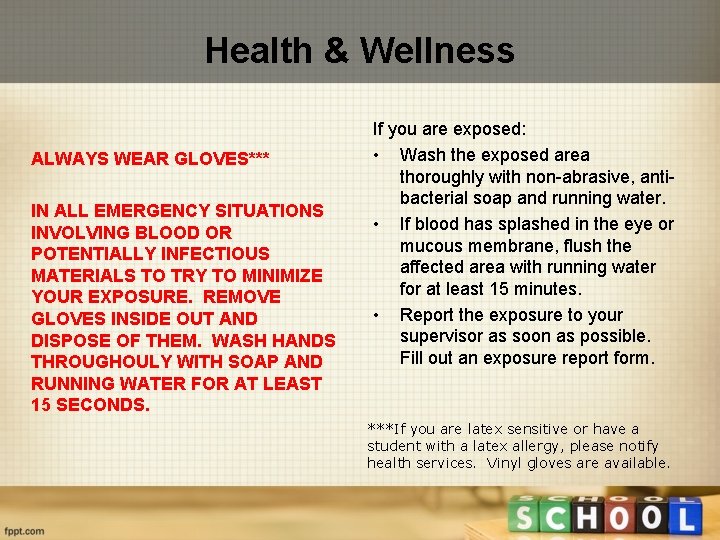 Health & Wellness ALWAYS WEAR GLOVES*** IN ALL EMERGENCY SITUATIONS INVOLVING BLOOD OR POTENTIALLY