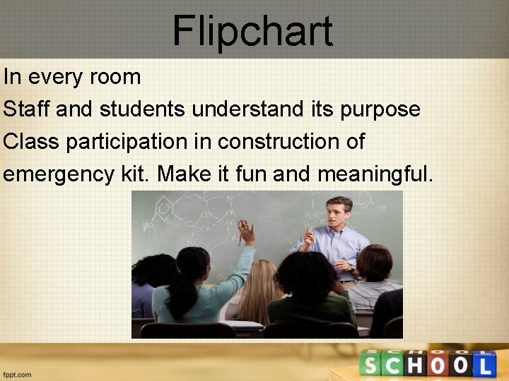 Flipchart In every room Staff and students understand its purpose Class participation in construction