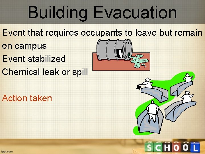 Building Evacuation Event that requires occupants to leave but remain on campus Event stabilized