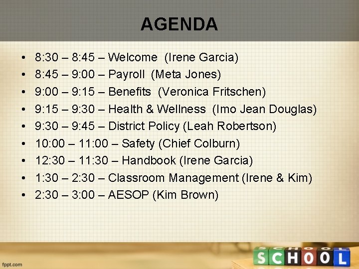 AGENDA • • • 8: 30 – 8: 45 – Welcome (Irene Garcia) 8: