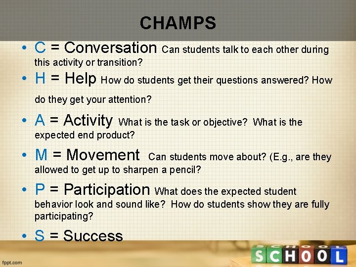 CHAMPS • C = Conversation Can students talk to each other during this activity