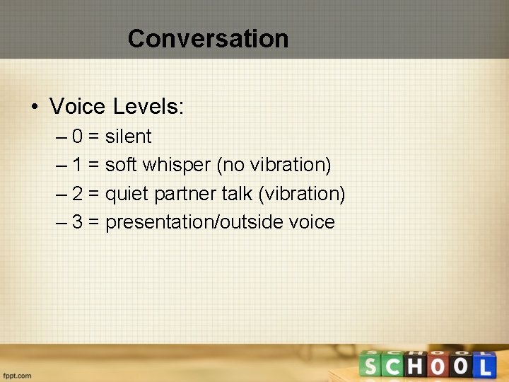 Conversation • Voice Levels: – 0 = silent – 1 = soft whisper (no