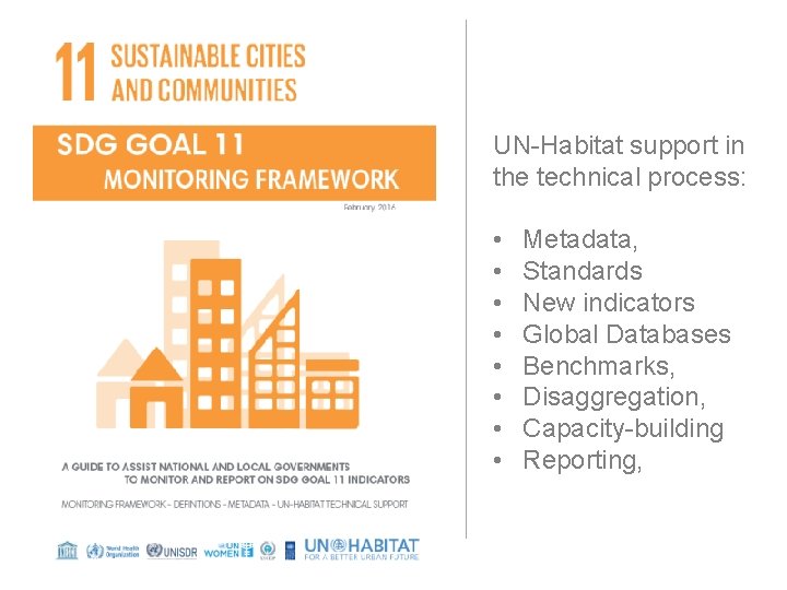 UN-Habitat support in the technical process: • • Metadata, Standards New indicators Global Databases