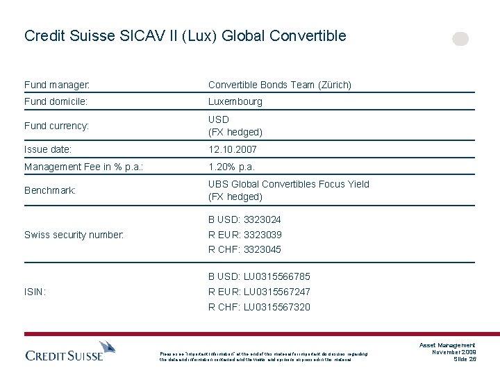 Credit Suisse SICAV II (Lux) Global Convertible Fund manager: Convertible Bonds Team (Zürich) Fund