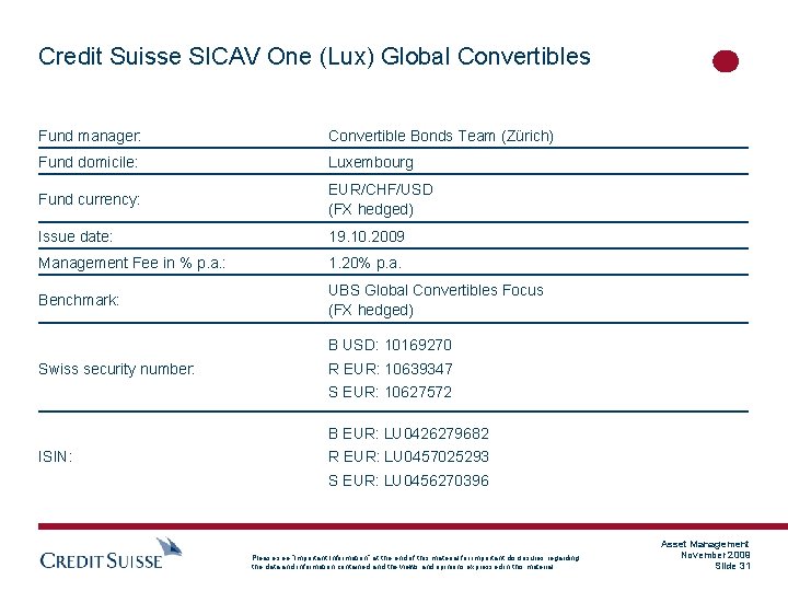 Credit Suisse SICAV One (Lux) Global Convertibles Fund manager: Convertible Bonds Team (Zürich) Fund
